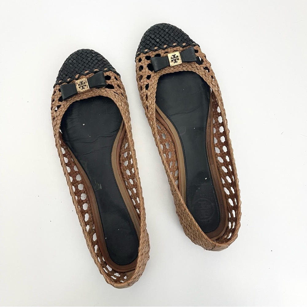 Tory Burch Carlyle Woven Basketweave Tan Brown Black Bow Ballet Flats Shoes 9